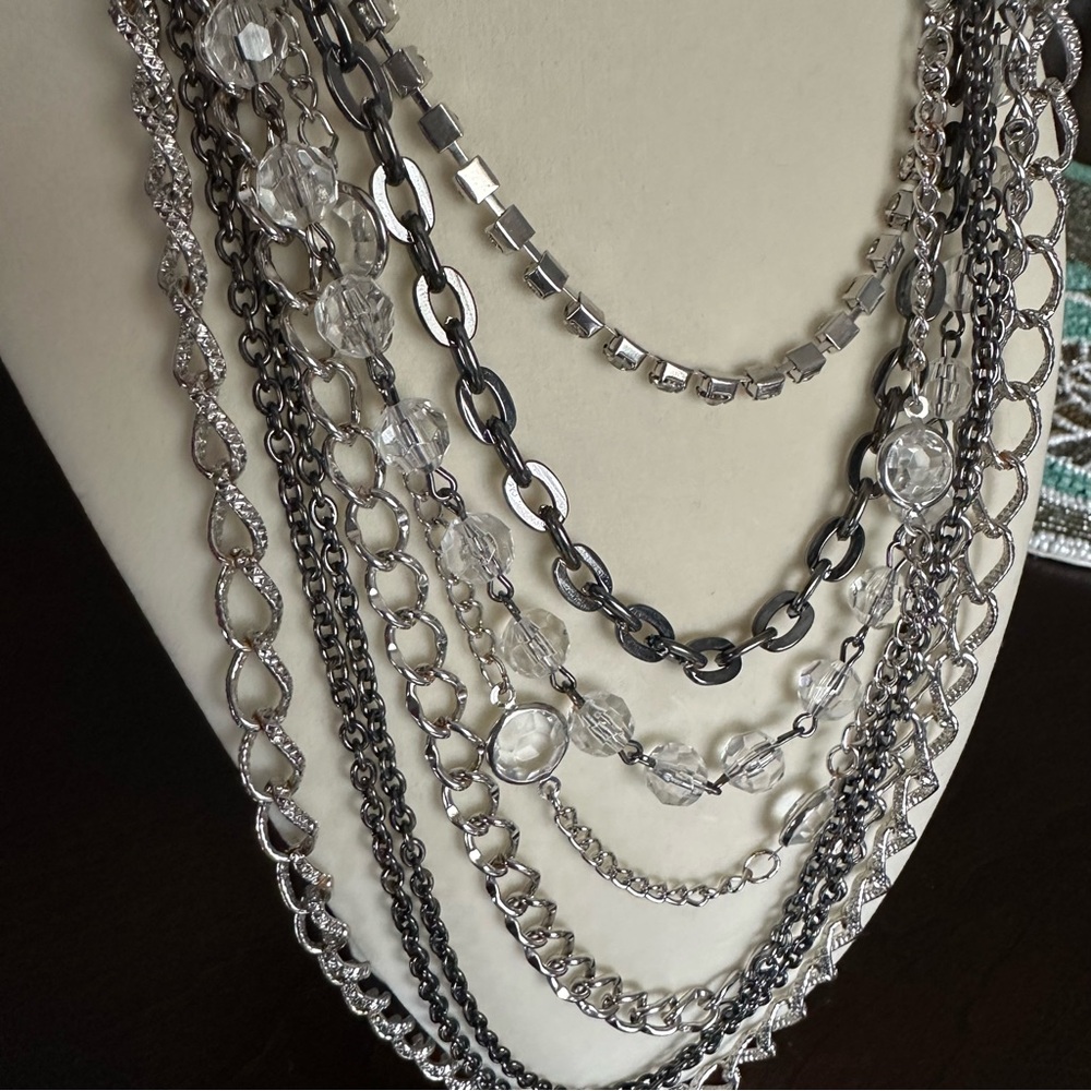 Silver Tone Multi Strand Long Statement Necklace 36” Layered Chain Boho Glam